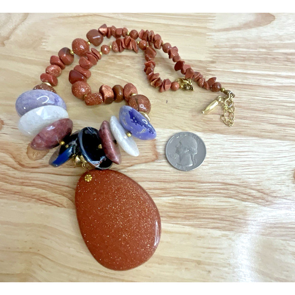 Goldstone Bead Necklace with Large Pendant & Natural Stone Accents - Picture 3 of 13